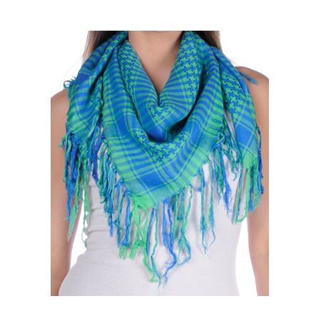 Fringe Check Blue & Green Square Scarf
