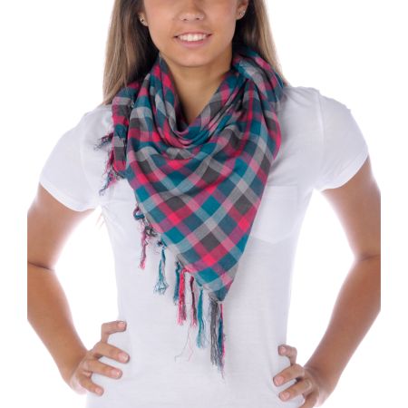 Tri-Coastal Plaid Square Pink, Blue & Grey Scarf