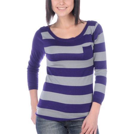 Volcom Girls Cruisy Purple Stripe Boatneck Crew Neck Sweater