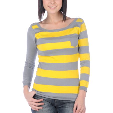 Volcom Girls Cruisy Yellow Stripe Boatneck Crew Neck Sweater