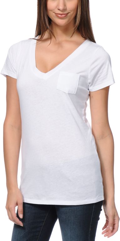 Zine Girls V-Neck Pocket White Tee Shirt