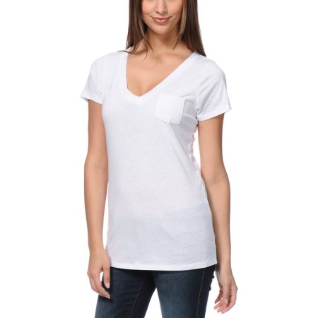 Zine Girls V-Neck Pocket White Tee Shirt