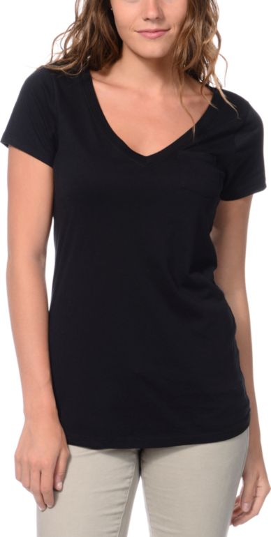 Zine Girls V-Neck Pocket Black Tee Shirt