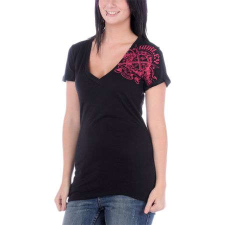 Hurley Girls Armed Black V-Neck Tee Shirt