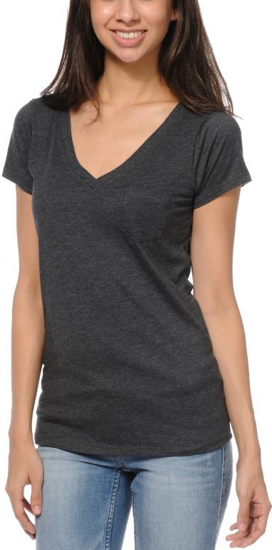 Zine Girls Relaxed V-Neck Heather Black Tee Shirt