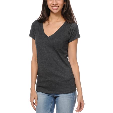 Zine Girls Relaxed V-Neck Heather Black Tee Shirt
