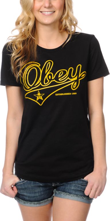 Obey Girls Script Black Tee Shirt