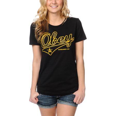 Obey Girls Script Black Tee Shirt