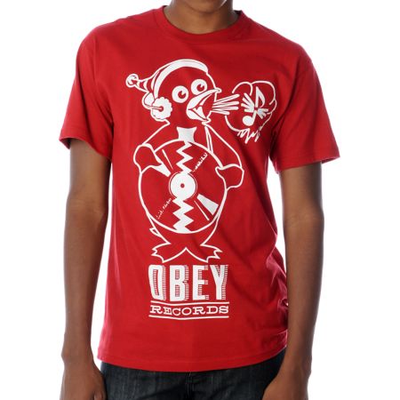 Obey Penguin Red Glow In The Dark Tee Shirt