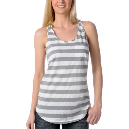 Zine Girls Racerback White and Grey Stripe Tank Top