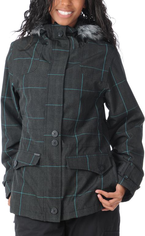 Empyre Girls Glendale 2012 Grey Plaid 10K Fur Hood Snowboard Jacket