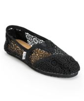 Toms Classics Black Crochet Girls Slip On Shoe