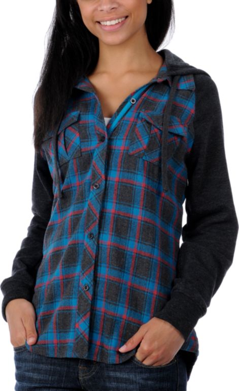 Empyre Girl Artillery Blue & Red Fleece Hooded Flannel