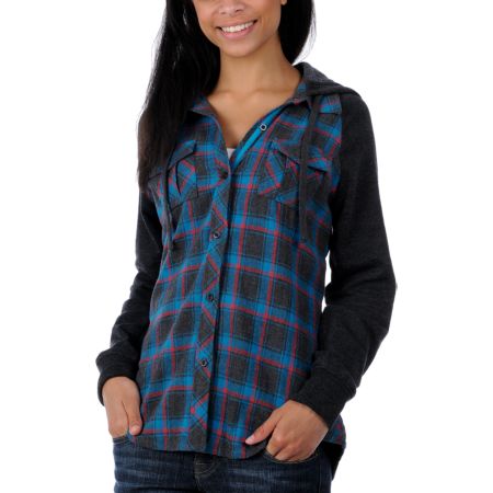 Empyre Girl Artillery Blue & Red Fleece Hooded Flannel