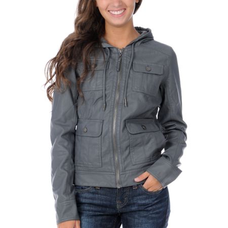 Fatal Charm Marne Charcoal Faux Leather Hooded Jacket