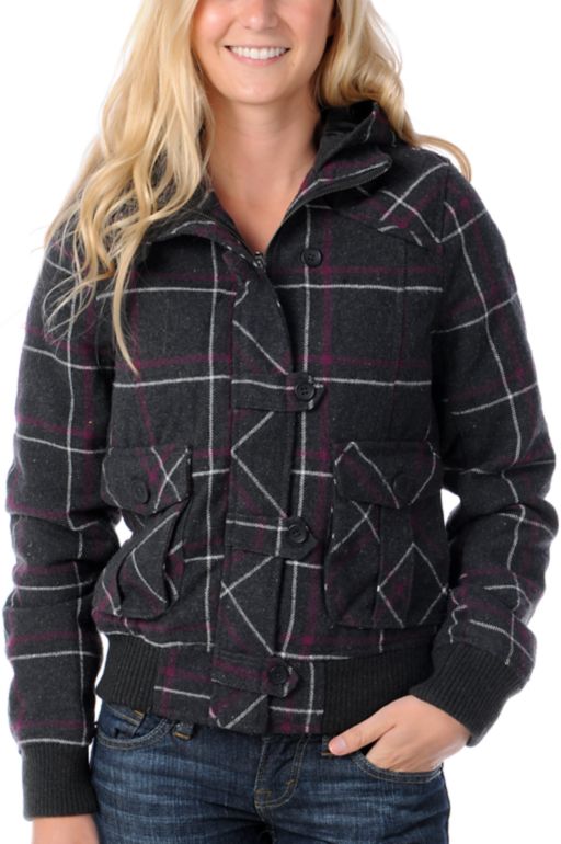 Fatal Charm Imperial Charcoal & Purple Plaid Hooded Bomber Jacket