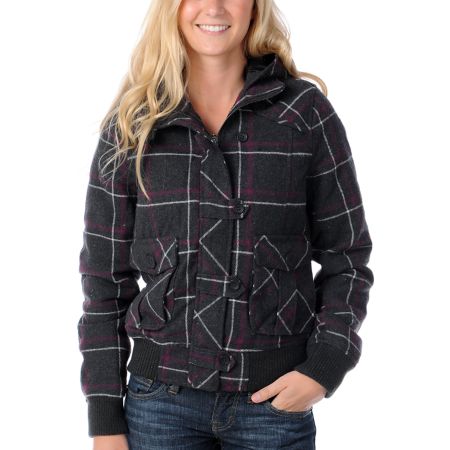 Fatal Charm Imperial Charcoal & Purple Plaid Hooded Bomber Jacket