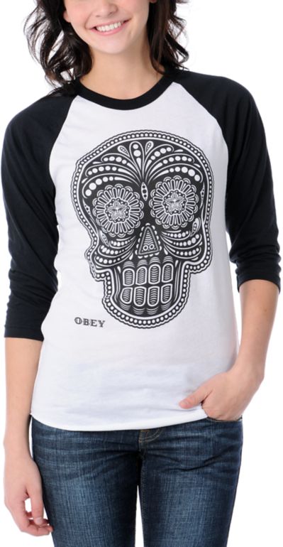 Obey Girls Day Of The Dead Black & White Baseball Tee Shirt