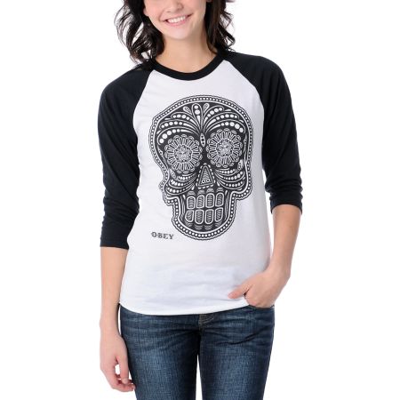 Obey Girls Day Of The Dead Black & White Baseball Tee Shirt