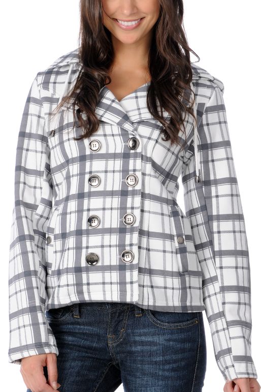 Sebby Bella Grey & White Plaid Hooded Pea Coat