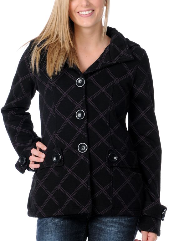 Sebby Lizzy Black & Purple Plaid Hooded Pea Coat