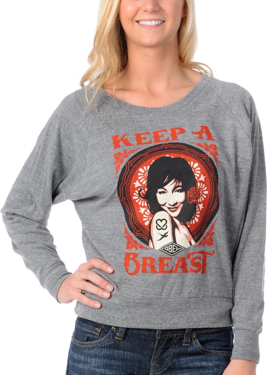 Obey Girls Keep A Breast Grey Raglan Pullover Sweatshirt