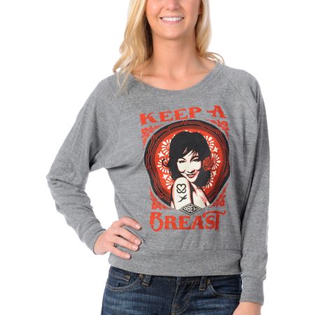 Obey Girls Keep A Breast Grey Raglan Top