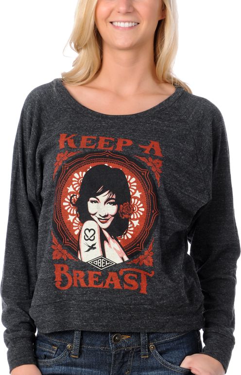 Obey Girls Keep A Breast Charcoal Raglan Pullover Sweatshirt