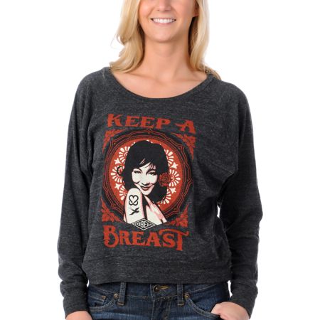 Obey Girls Keep A Breast Charcoal Raglan Top