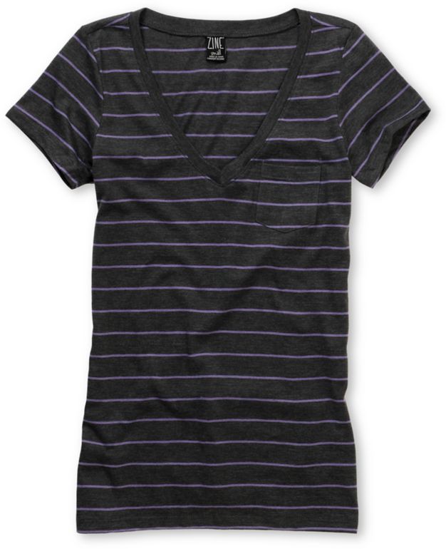 Zine Girls Striped Charcoal & Light Purple V-Neck Tee Shirt