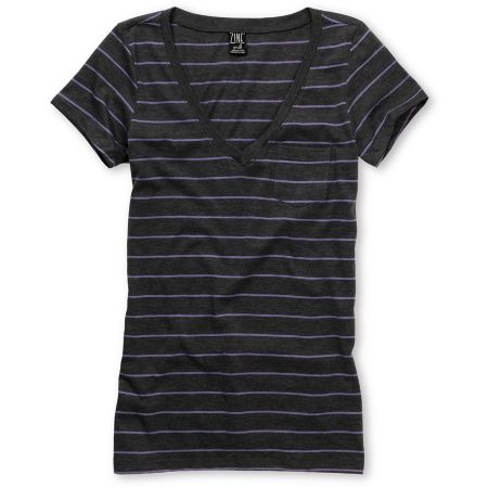 Zine Girls Striped Charcoal & Light Purple V-Neck Tee Shirt