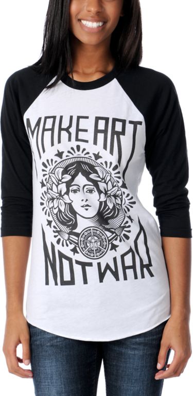 Obey Girls Make Art Not War Black Baseball Tee Shirt