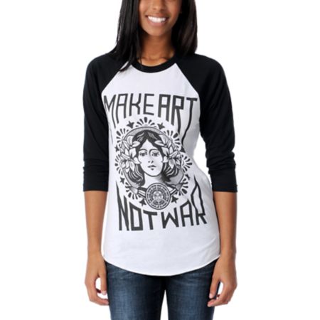 Obey Girls Make Art Not War Black Baseball Tee Shirt