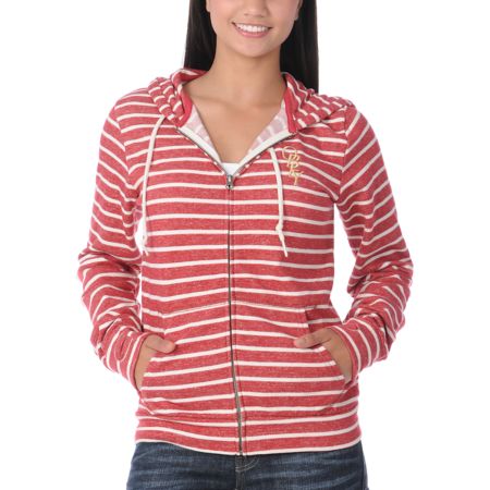 Obey High Fashion Red & Cream Stripe Girls Zip Up Hoodie