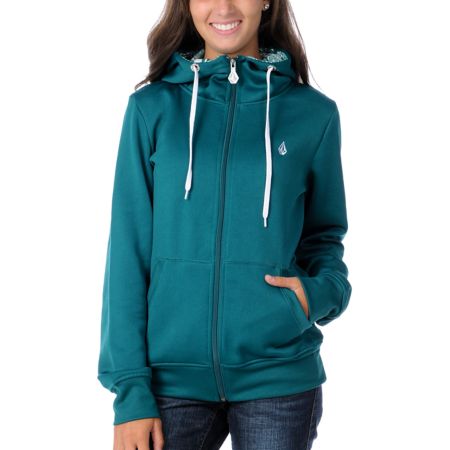 Volcom Girls Stone Garden Basic 2012 Hydro Teal Tech Fleece Zip Up Hoodie