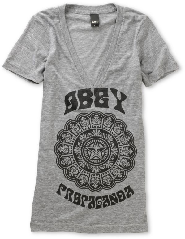 Obey Girls Star Flower Grey V-Neck Tee Shirt