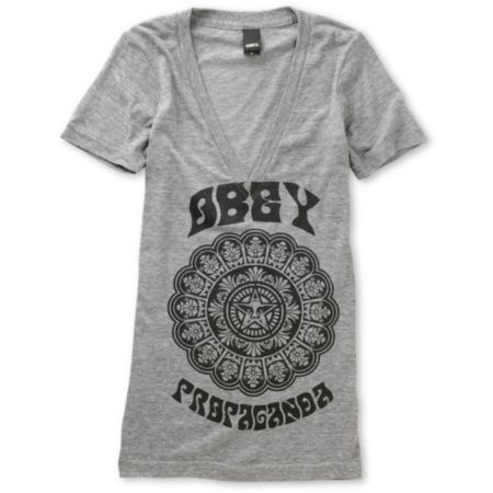 Obey Girls Star Flower Grey V-Neck Tee Shirt