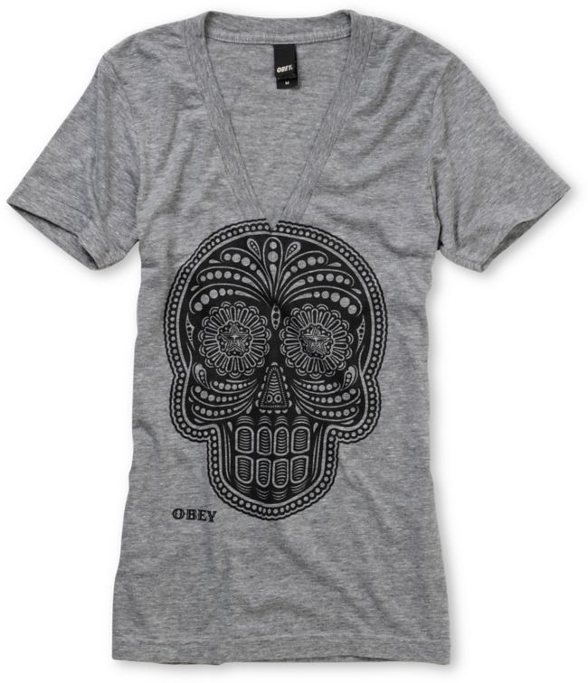 Obey Girls Day Of The Dead Heather Grey V-Neck Tee Shirt