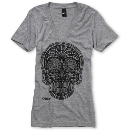 Obey Girls Day Of The Dead Heather Grey V-Neck Tee Shirt