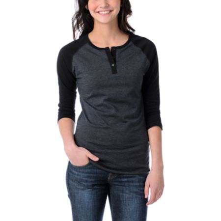 Zine Girls Charcoal & Black Baseball Tee Shirt