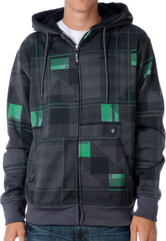 Volcom Shotgun Charcoal Sherpa Plaid 2012 Guys Hydro Zip Tech Fleece