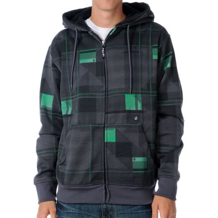 Volcom Shotgun Charcoal Sherpa Plaid 2012 Guys Hydro Zip Tech Fleece