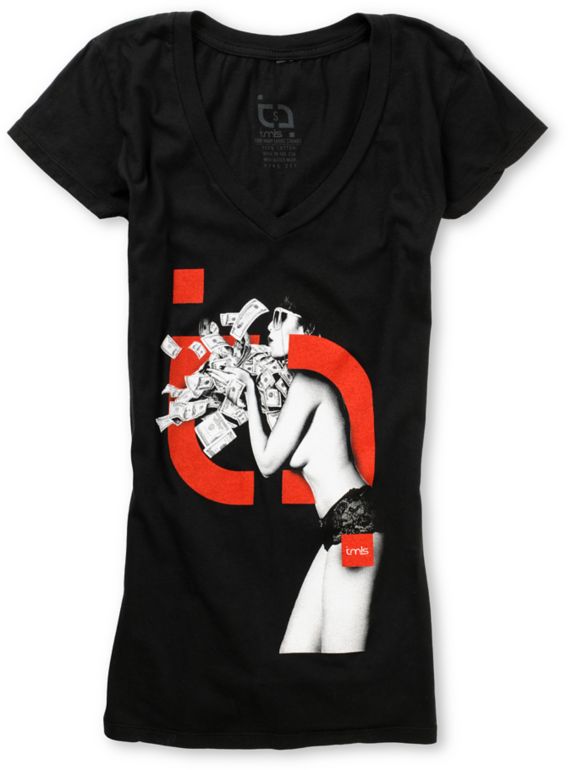 TMLS Girls Blow Money Fast V-Neck Black Tee Shirt