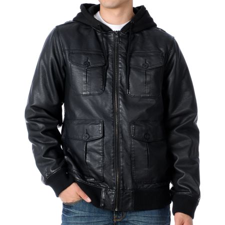 Dravus Nuance Black Leather Guys Hooded Bomber Jacket