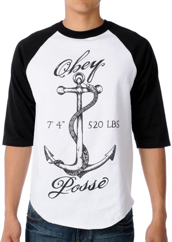 Obey Snake Anchor Black & White Baseball Tee Shirt