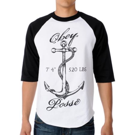 Obey Snake Anchor Black & White Baseball Tee Shirt