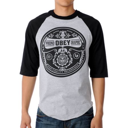 Obey Phonographic Grey & Black Baseball Tee Shirt