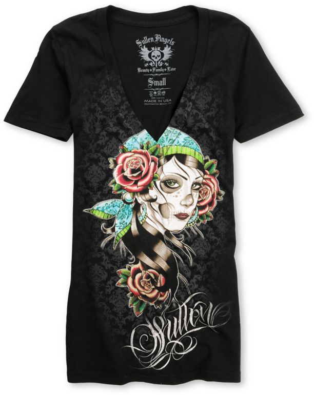 Sullen Girls Victorian Rose Black V-Neck Tee Shirt