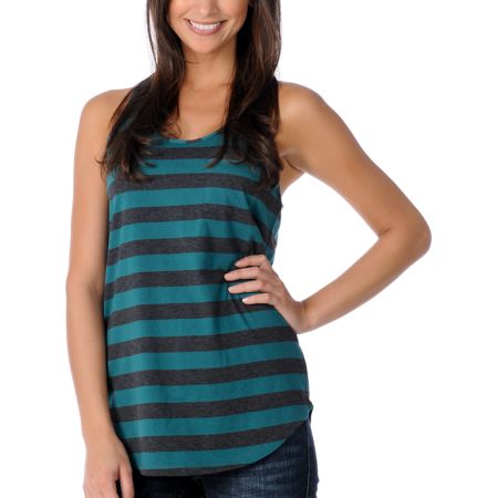 Zine Girls Charcoal & Teal Striped Racerback Tank Top
