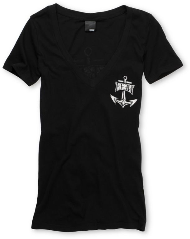 KR3W Girls Santa Maria Black V-Neck Tee Shirt